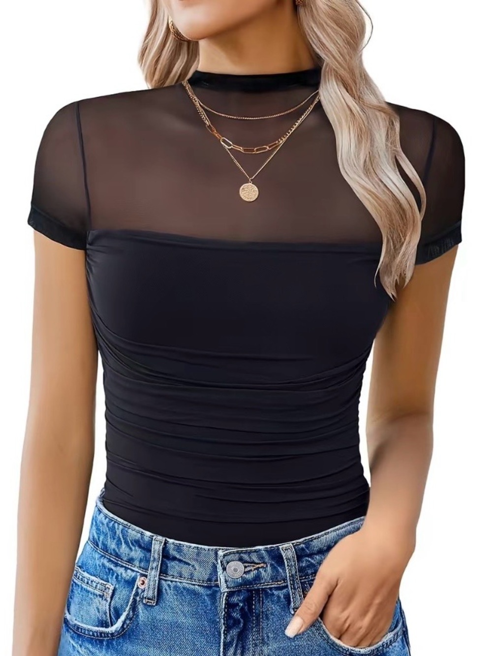 Avidlove Black Mesh Mock Neck Ruched Bodysuit Short Sleeve Size Large